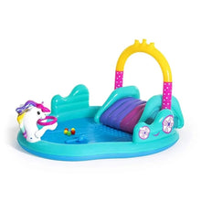 Inflatable unicorn water play center with slide, yellow handle and teal floor