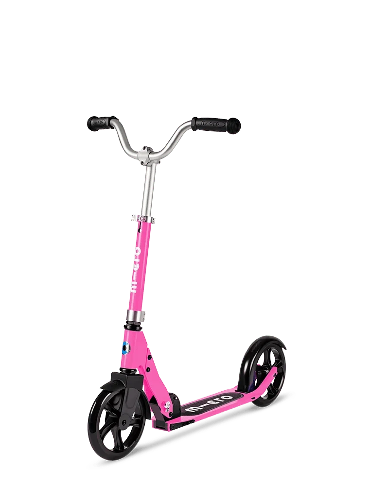 Pink folding kick scooter with black deck and wheels, silver handlebar