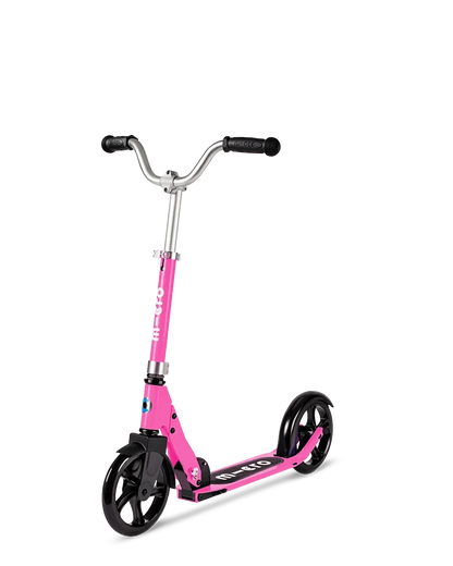 Pink folding kick scooter with black deck and wheels, silver handlebar