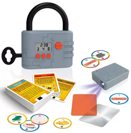Electronic chain lock with key, cards, and circular code tokens in a set