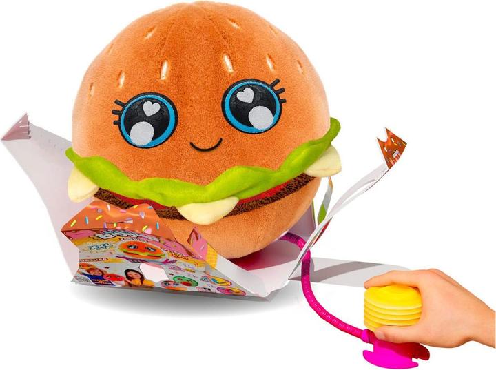 Plush burger character ball with smiling face and squeeze cord stacker
