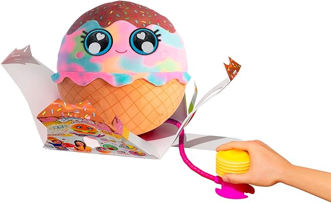 Plush ice-cream character ball with rainbow swirls and squeeze cord stacker