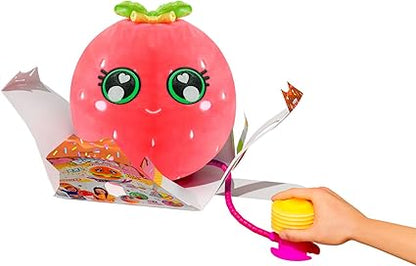 Plush strawberry character ball with big eyes and squeeze cord stacker
