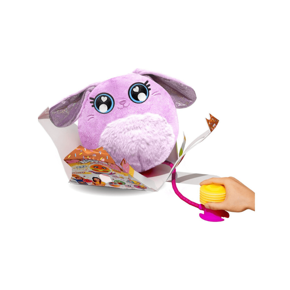 Purple rabbit plush with big heart eyes, fuzzy white muzzle, and inflation tube.