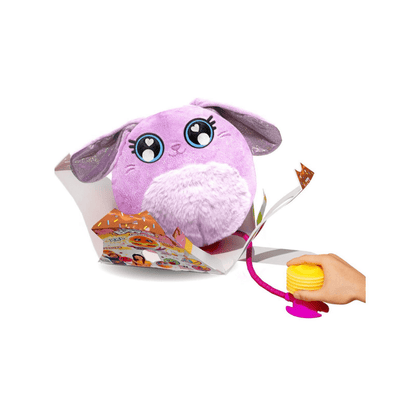 Purple rabbit plush with big heart eyes, fuzzy white muzzle, and inflation tube.