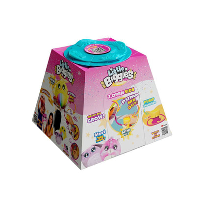 Inflatable toy box with teal pump lid and Little Biggies character graphics.