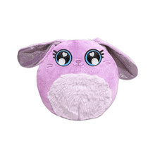 Purple rabbit plush face with heart eyes, long ears, and fluffy white muzzle.