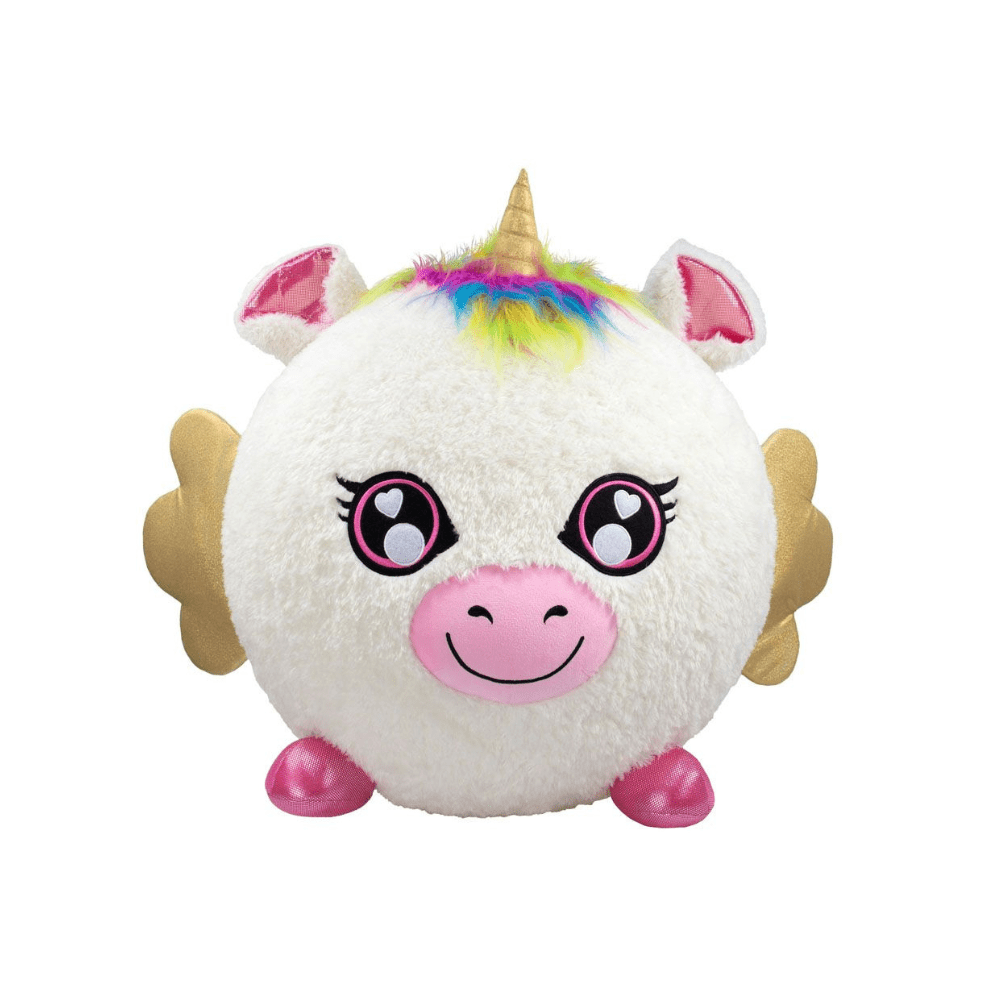 White unicorn plush with rainbow mane, pink nose, and golden side horns.