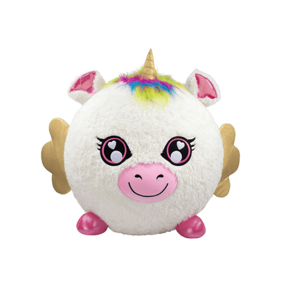 White unicorn plush with rainbow mane, pink nose, and golden side horns.