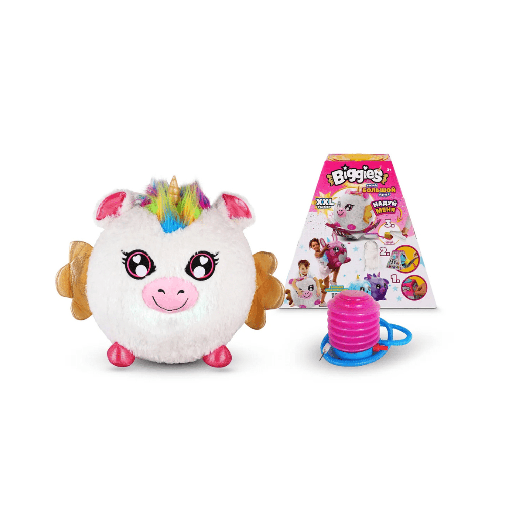 White unicorn plush with rainbow mane and pink snout, shown with pump and box.