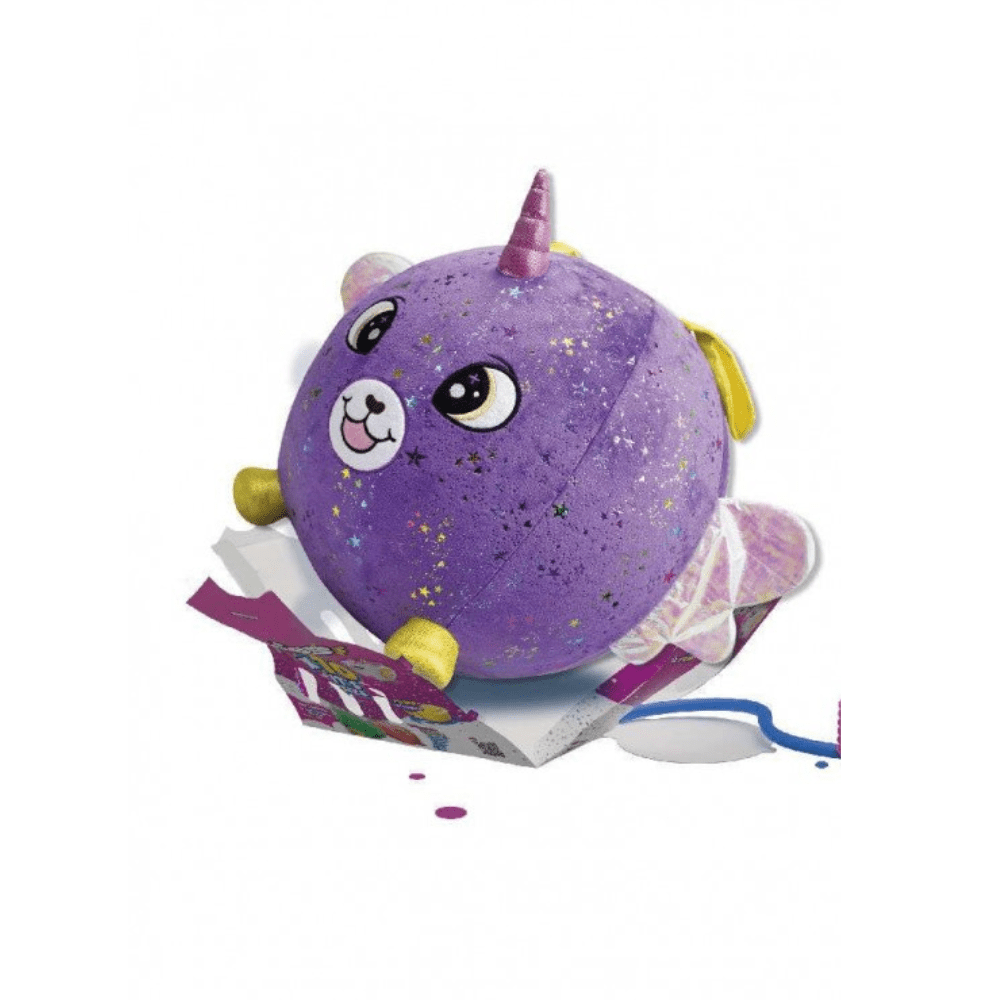 Purple glitter plush unicorn ball with horn and large eyes, gold feet, wing-like ears