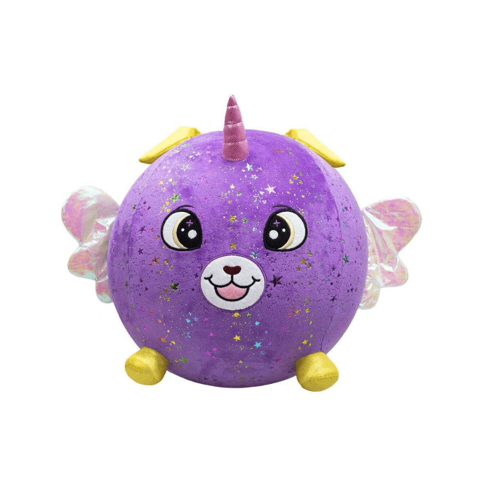 Purple plush unicorn ball with horn, smiling face, sparkly star pattern, and gold paws