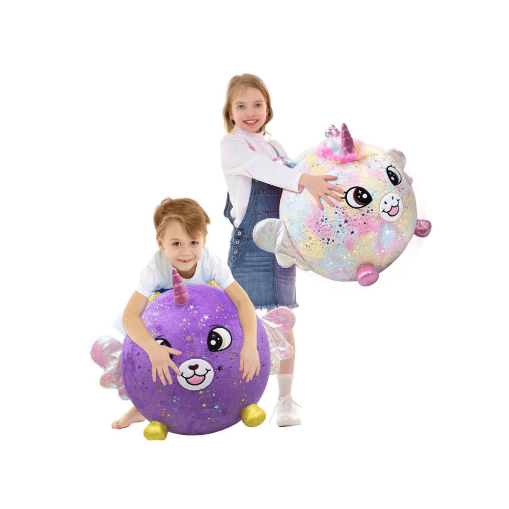 Purple sparkly plush unicorn ball with horn, smiling face, gold feet, and white-and-pink wings