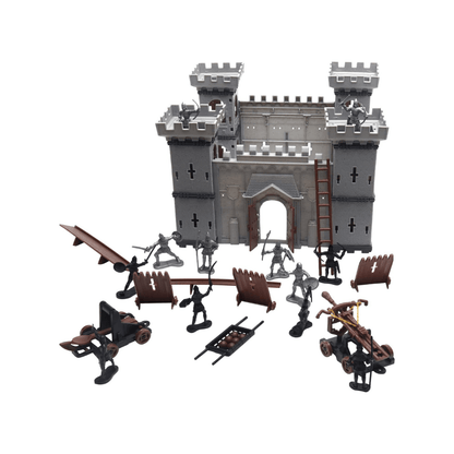 Castle building set: gray fortress with orange gate ladder, armored figures, and cannons