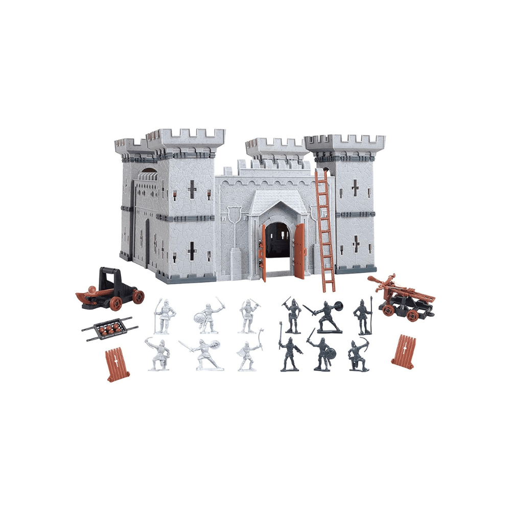 Castle building set: gray fortress model with orange ladder and soldier mini figures