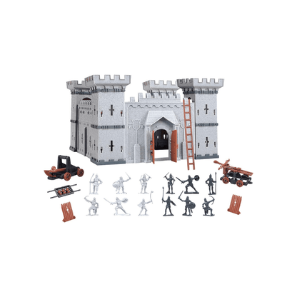 Castle building set: gray fortress model with orange ladder and soldier mini figures
