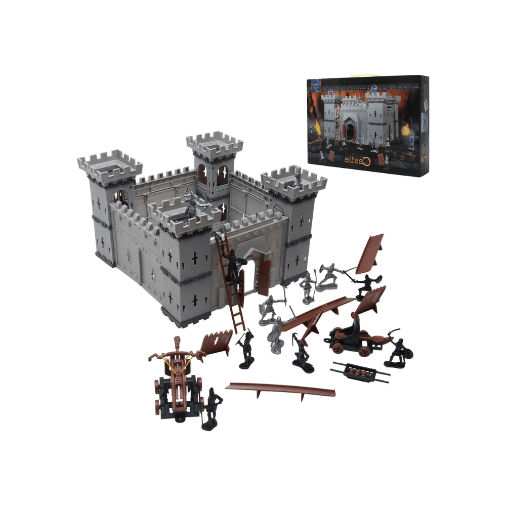 Castle building set contents with gray fortress, ladder, weapons, and soldier mini figures