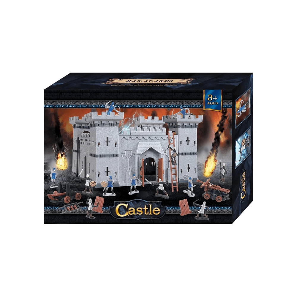 Castle building set box with gray fortress, ladder, and soldier mini figures