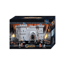 Castle building set box with gray fortress, ladder, and soldier mini figures