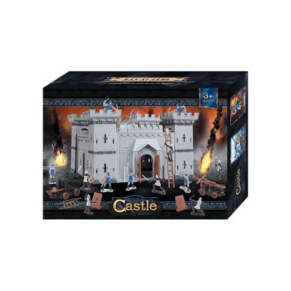 Castle building set box with gray fortress, ladder, and soldier mini figures