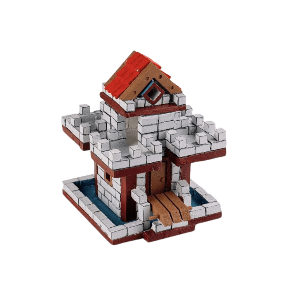 Brick house model with gray blocks, red roof, and open entry