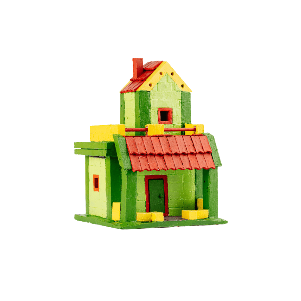 Two-story block-built house model with green walls, red roof, and yellow base