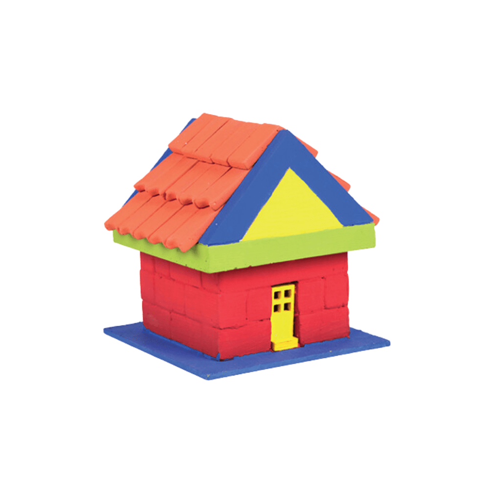 Plastic house building set model with red walls, orange roof, yellow door and green base