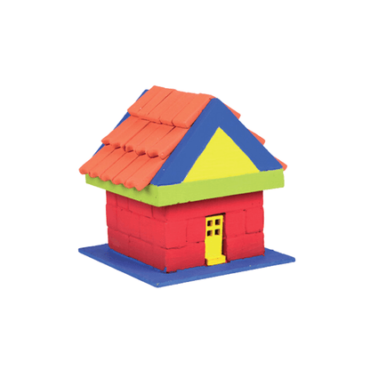 Plastic house building set model with red walls, orange roof, yellow door and green base