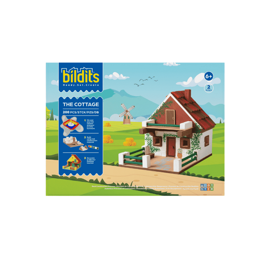 Cottage dollhouse building set box with painted model house and parts info