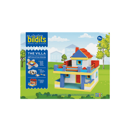 Modern dollhouse building set box with colorful house and parts graphics