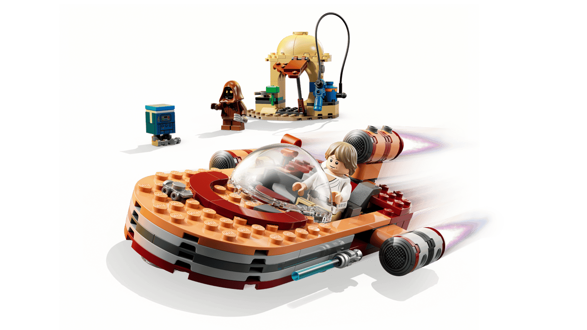 Luke's Landspeeder LEGO Star Wars model with Luke minifigure in cockpit