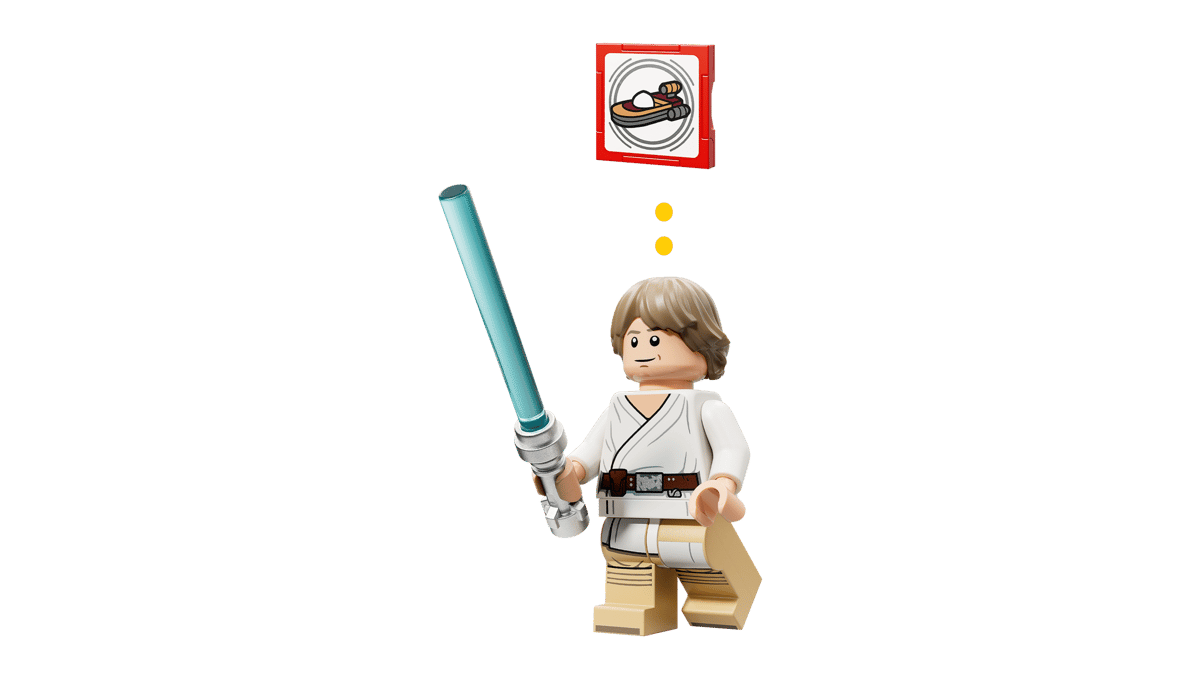 Luke minifigure holding a blue lightsaber, with a red SMART tag card overhead