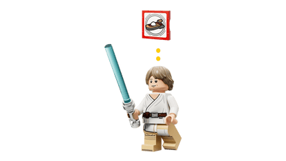Luke minifigure holding a blue lightsaber, with a red SMART tag card overhead