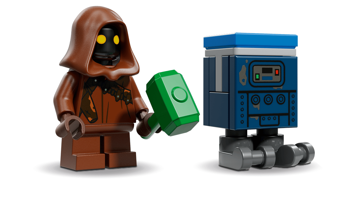 Brown hooded minifigure holding a green tile, with blue-gray SMART control box