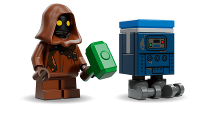 Brown hooded minifigure holding a green tile, with blue-gray SMART control box