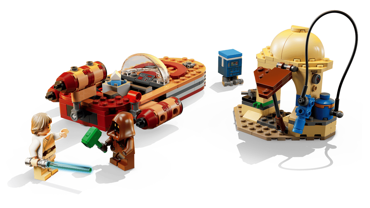 Landspeeder build with Luke and Jawa minifigures, red blasters, and small blue SMART box
