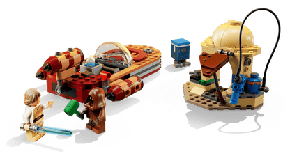 Landspeeder build with Luke and Jawa minifigures, red blasters, and small blue SMART box