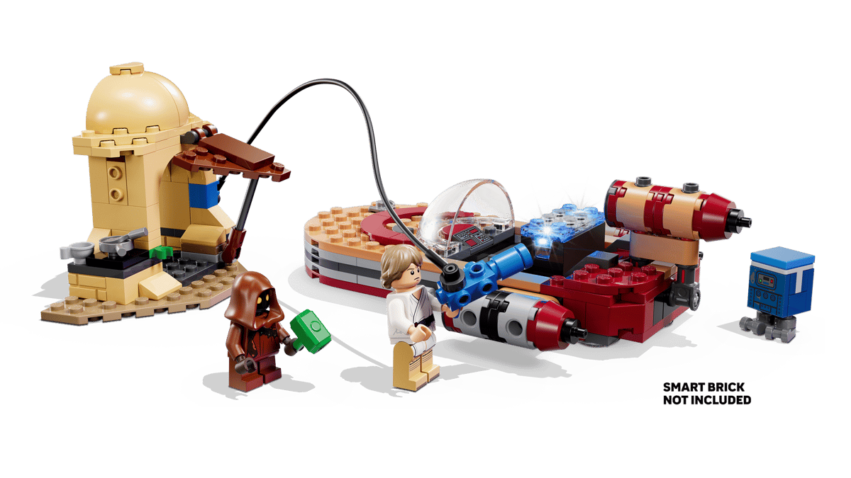 Landspeeder build with Luke minifigure, red engine pods, and lighted SMART module