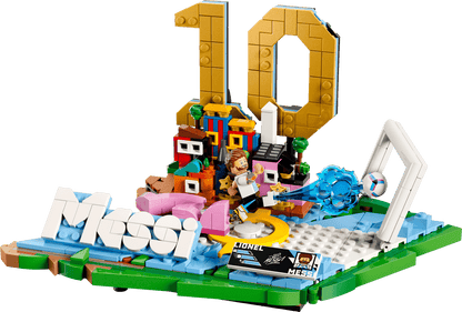 LEGO Messi soccer highlights playset base with gold 10 arch, blue goal, and ball