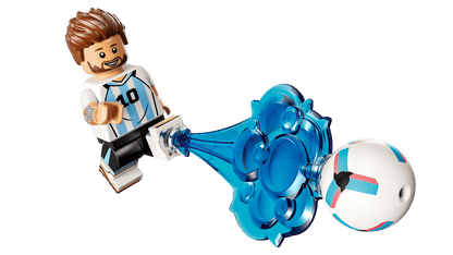 Messi LEGO minifigure holding a blue soccer ball with large blue accessory