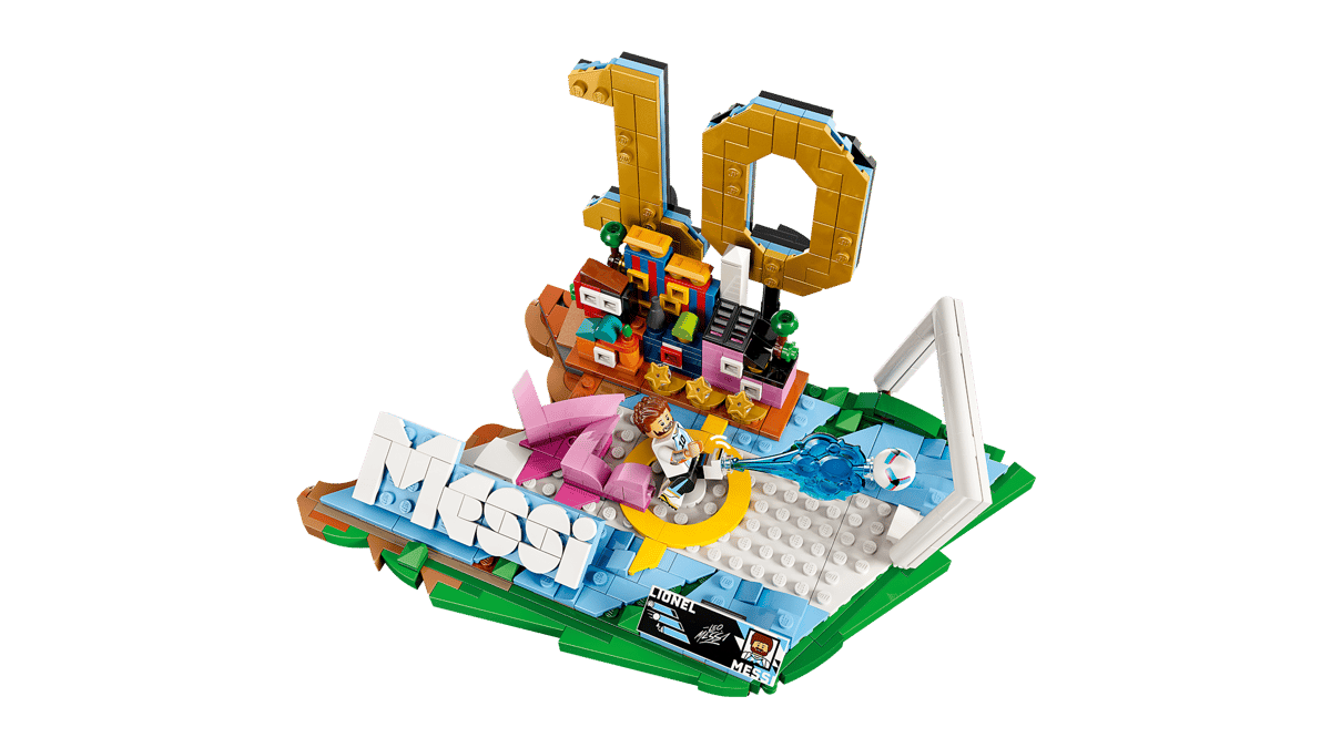 LEGO Messi soccer highlights model with gold 10 and blue goal