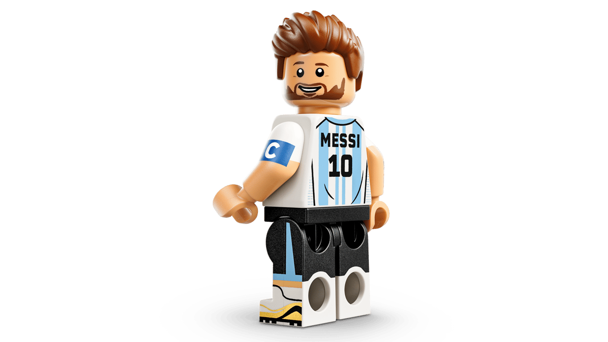 LEGO Messi minifigure standing in white and blue jersey, black shorts, yellow boots