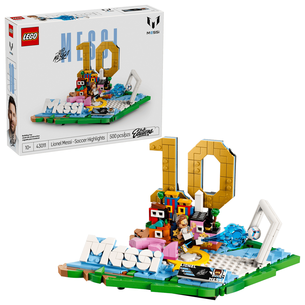 LEGO Messi Soccer Highlights set box with gold 10 build and mini figures