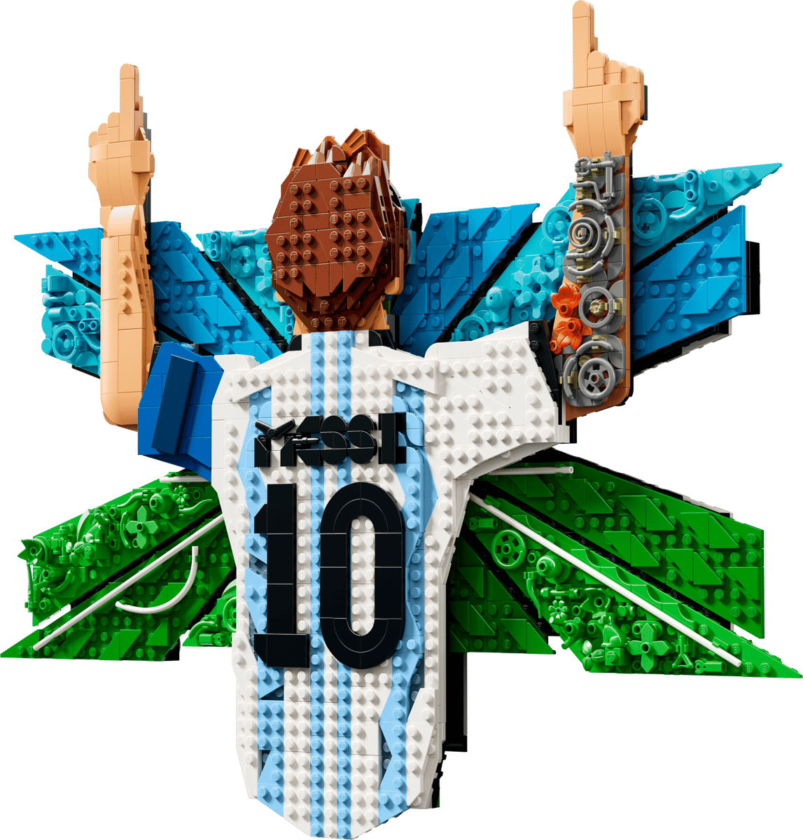 Assembled brick figure with arms raised, brown head, white-blue torso, and green wings