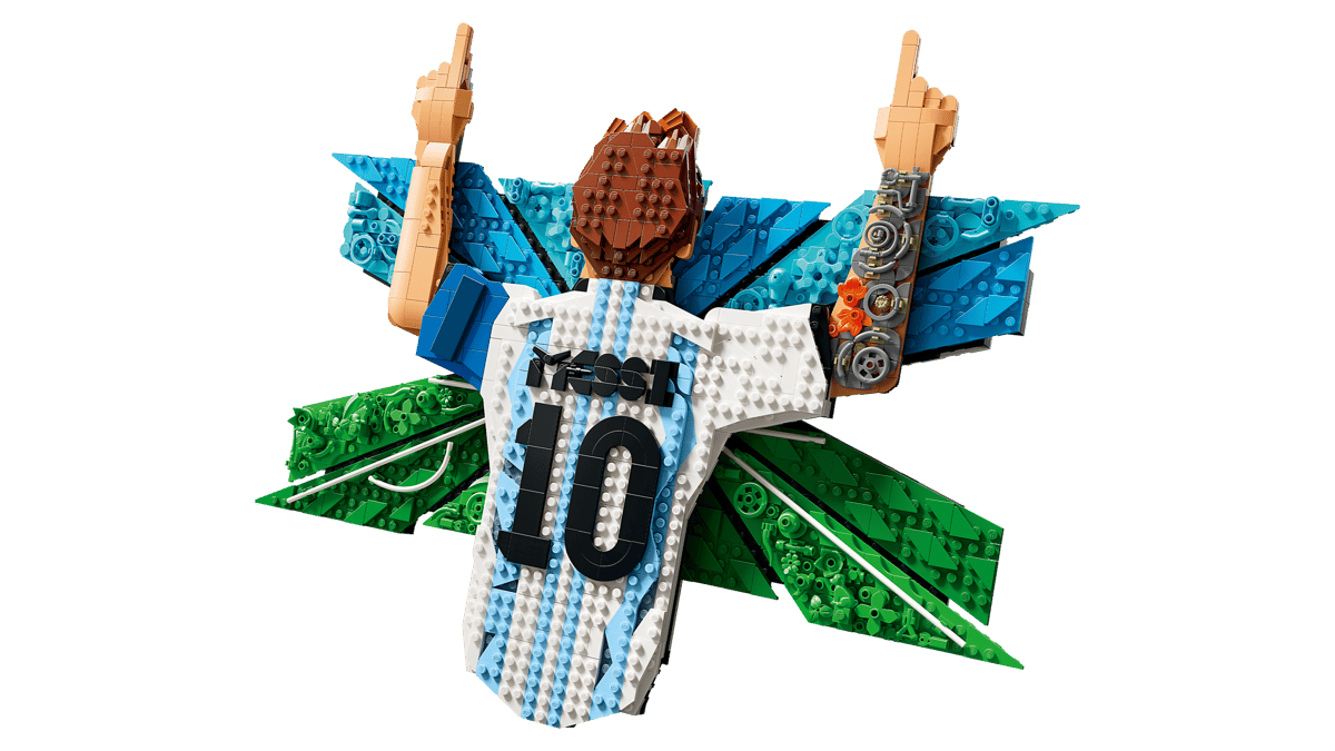 Front view of assembled brick figure with arms up, "10" on white torso and blue-green wings