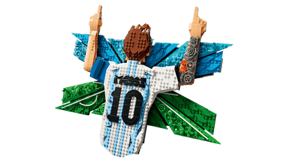 Front view of assembled brick figure with arms up, "10" on white torso and blue-green wings