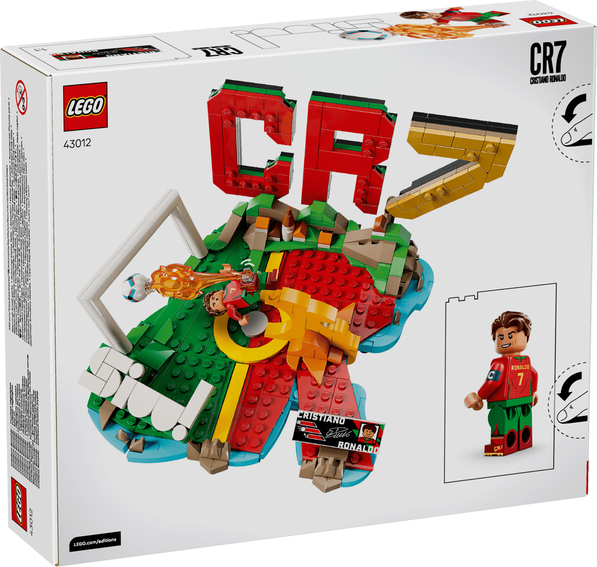 LEGO soccer highlights set box with a red CR7 build and Ronaldo mini figure