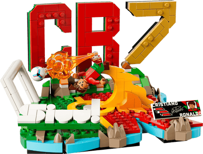 LEGO Cristiano Ronaldo soccer highlights building with red goal, golden goal medal, and pieces