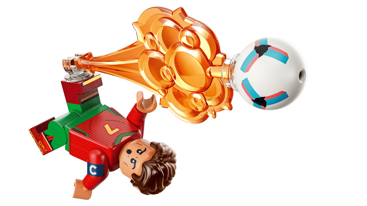 LEGO soccer mini figure with golden spotlight element and ball accessory overhead