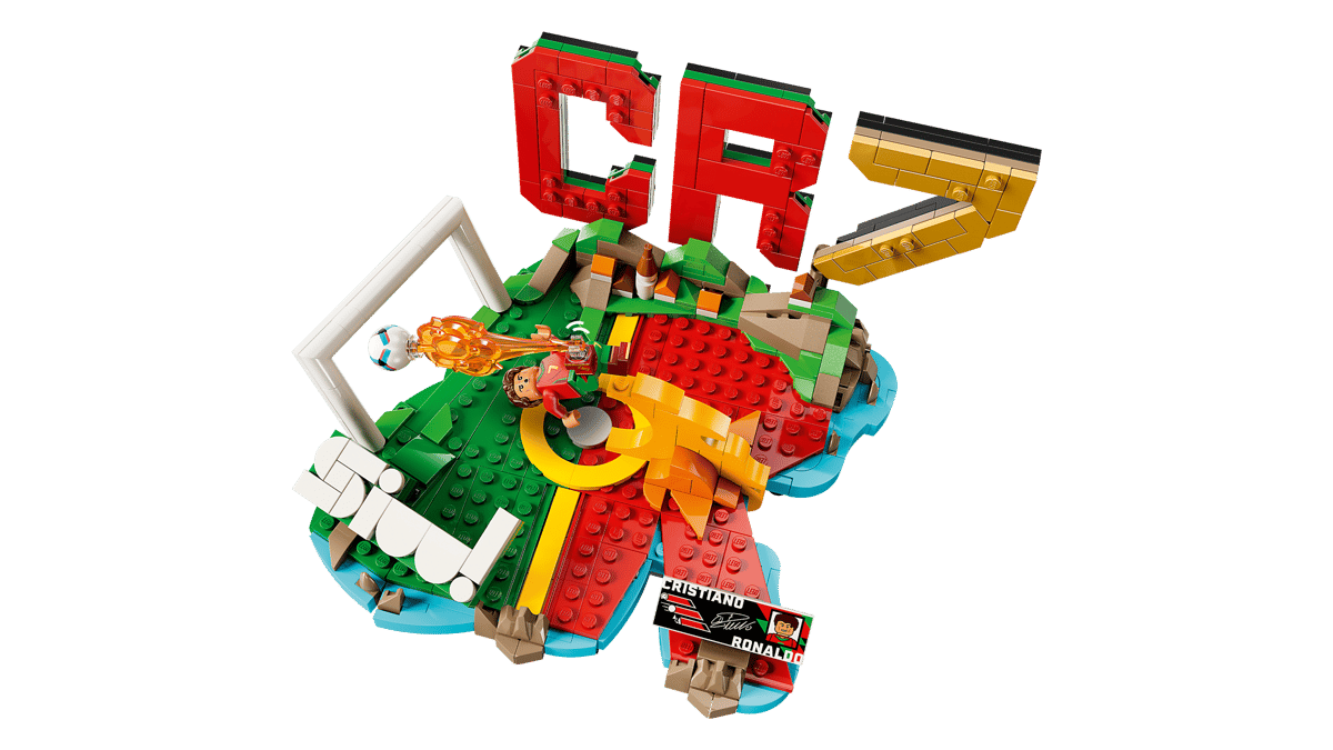 LEGO soccer highlights model with red CR7 letters, green field base, and golden ball